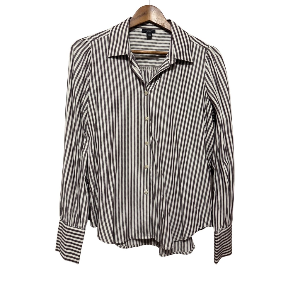 Ann Taylor Factory Blouse Women S Plum White Excellent Striped Button Down
